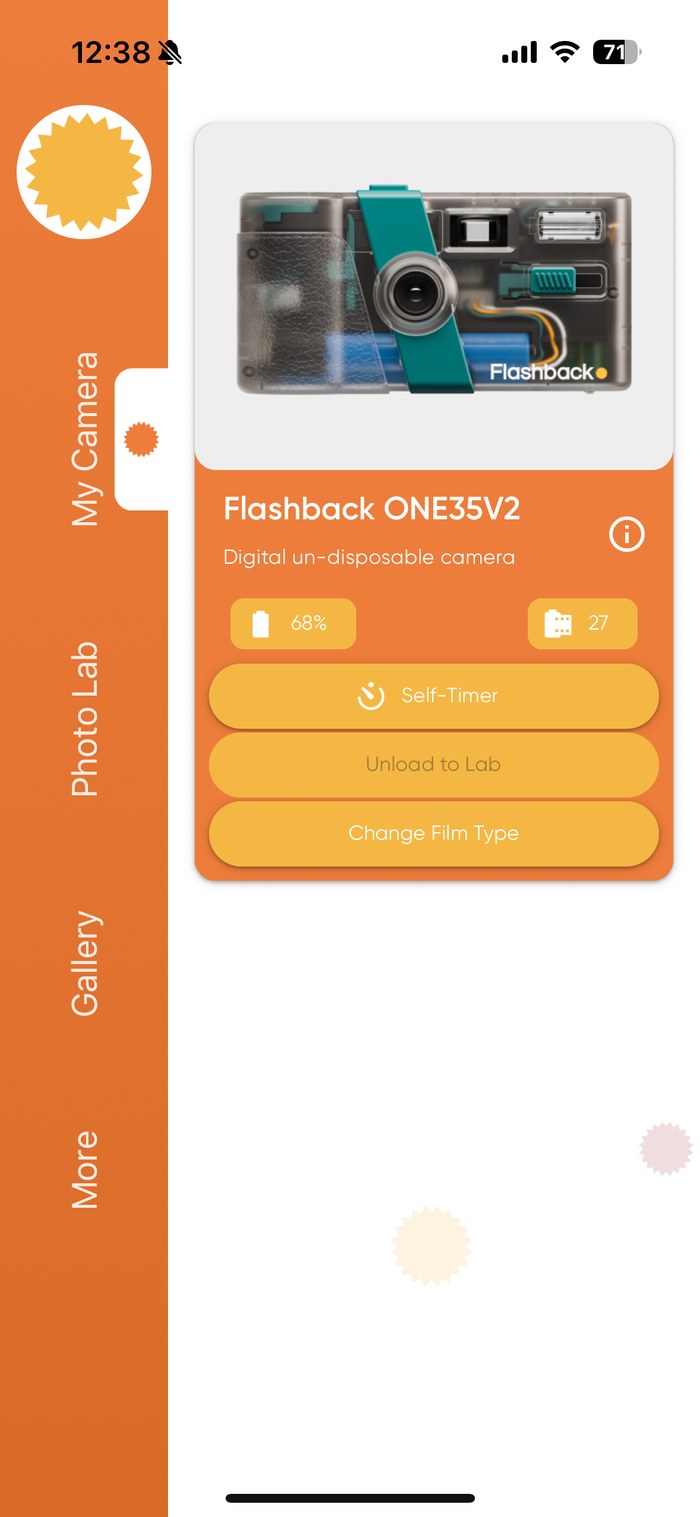 The Flashback app's main camera screen, showing Self-Timer, Unload to Lab, and Change Film Type buttons