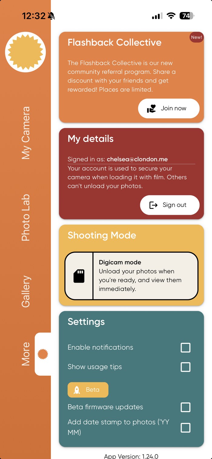 The Flashback app's More screen, showing Digicam mode under Shooting Mode