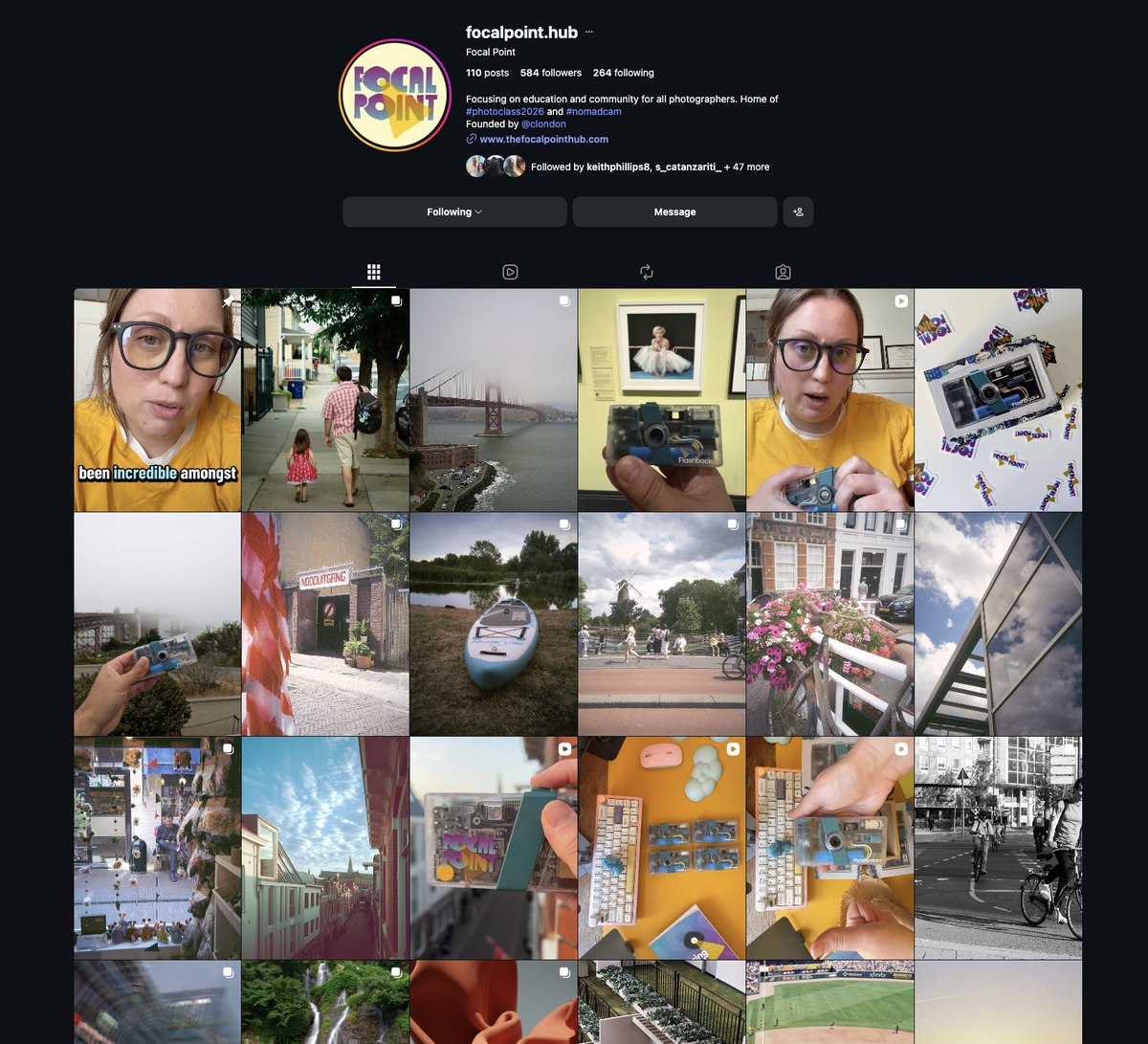 The @focalpoint.hub Instagram profile, showing photos taken with the NomadCam Flashback camera